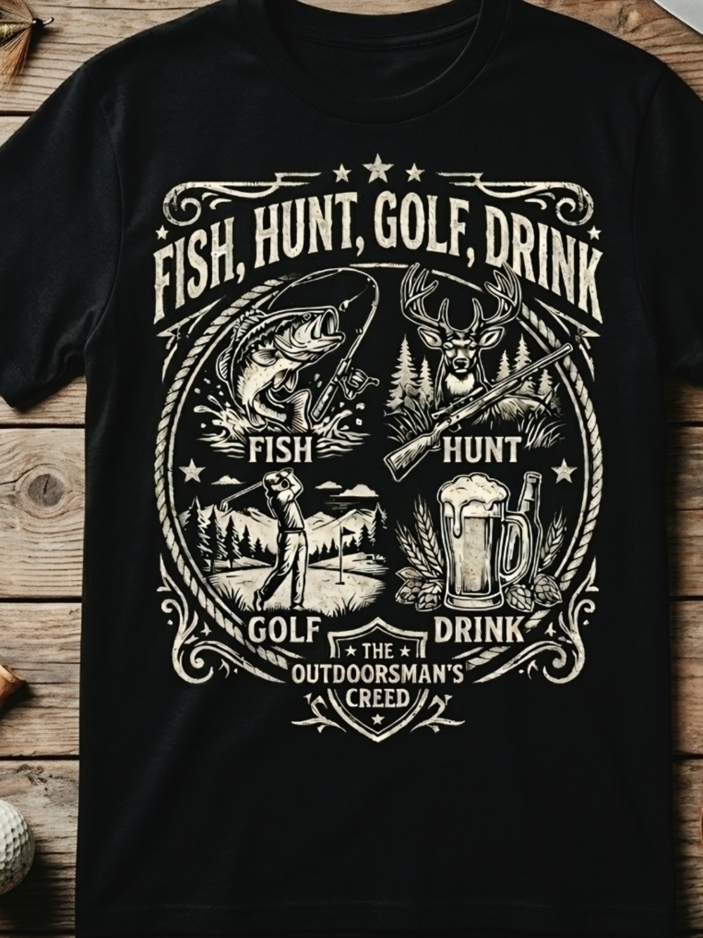 Outdoorsman Creed Graphic Shirt, Fish, hunt, golf, drink